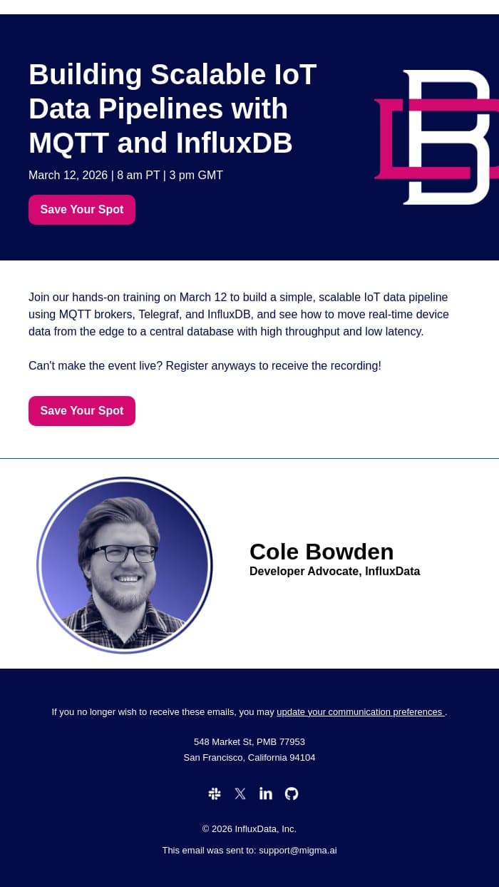 Build Scalable IoT Pipelines with MQTT and InfluxDB email from InfluxData screenshot