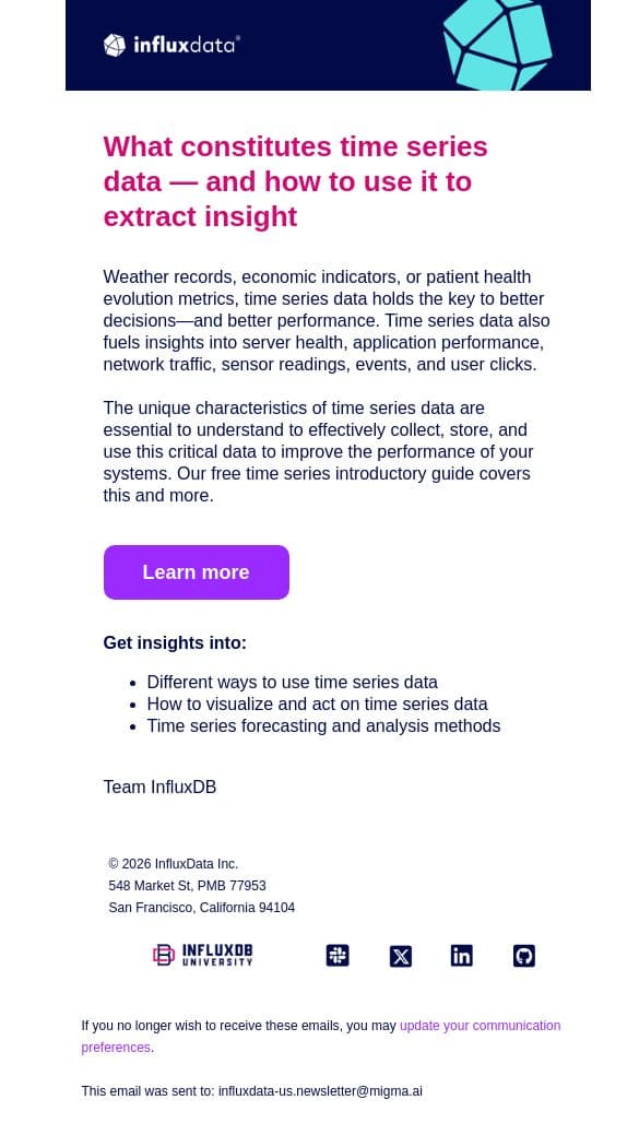 Introduction to the fundamentals of time series data email from InfluxData screenshot