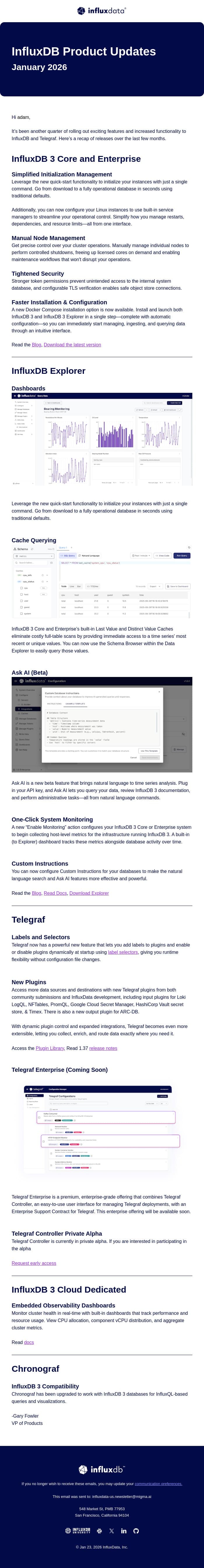 InfluxDB recent product developments and releases email from InfluxData screenshot