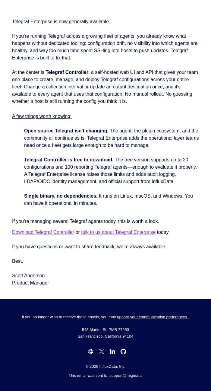 New: Managing Telegraf at scale just got a lot easier email from InfluxData screenshot