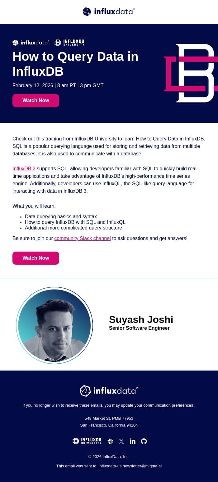 Training: How to Query Data with InfluxDB email from InfluxData screenshot