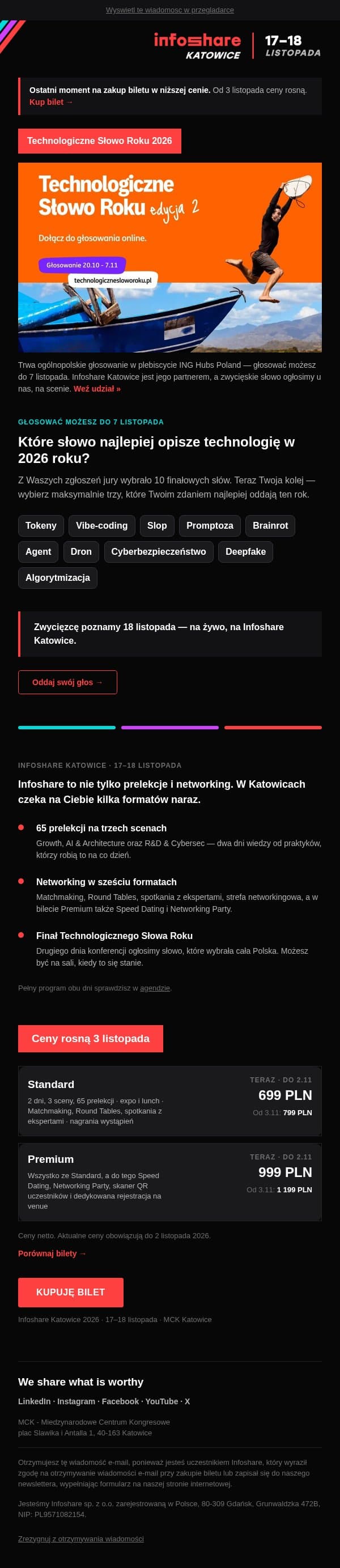 Promptoza, vibe-coding czy slop? Wybierz słowo roku i zdąż przed podwyżką email from Infoshare screenshot