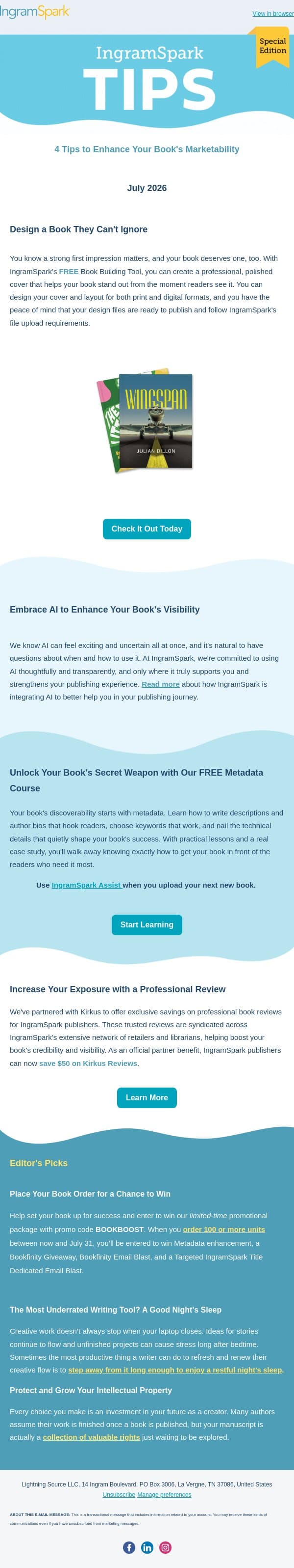 IngramSpark TIPS: July Special Edition email from IngramSpark screenshot