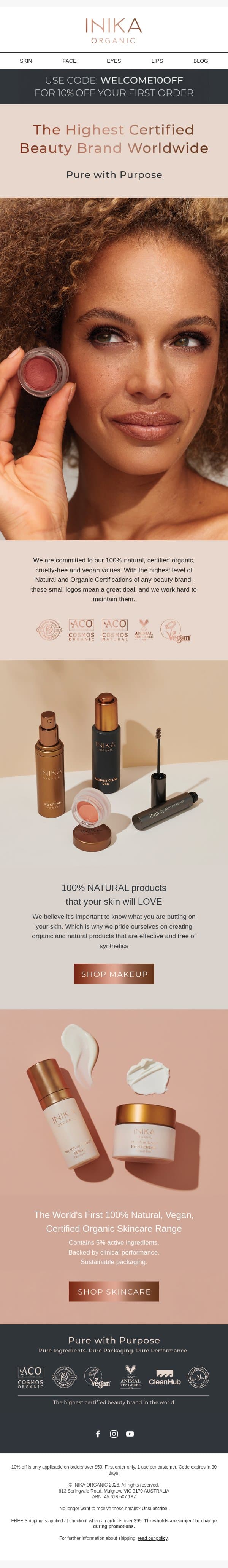 Enjoy 10% off Certified Organic Beauty email from Inika Organic screenshot