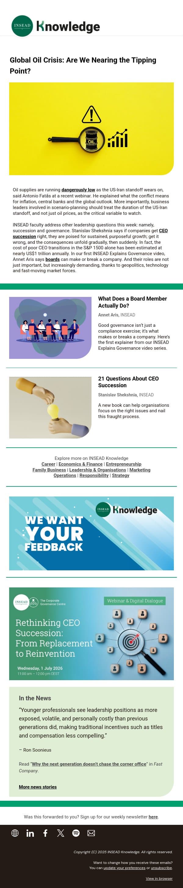 Global Oil Crisis: Are We Nearing the Tipping Point? email from INSEAD Knowledge screenshot