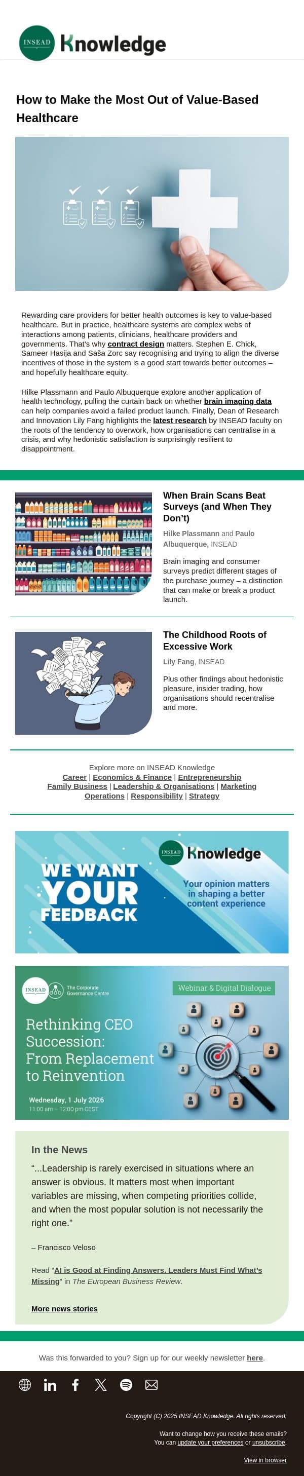How to Make the Most Out of Value-Based Healthcare email from INSEAD Knowledge screenshot