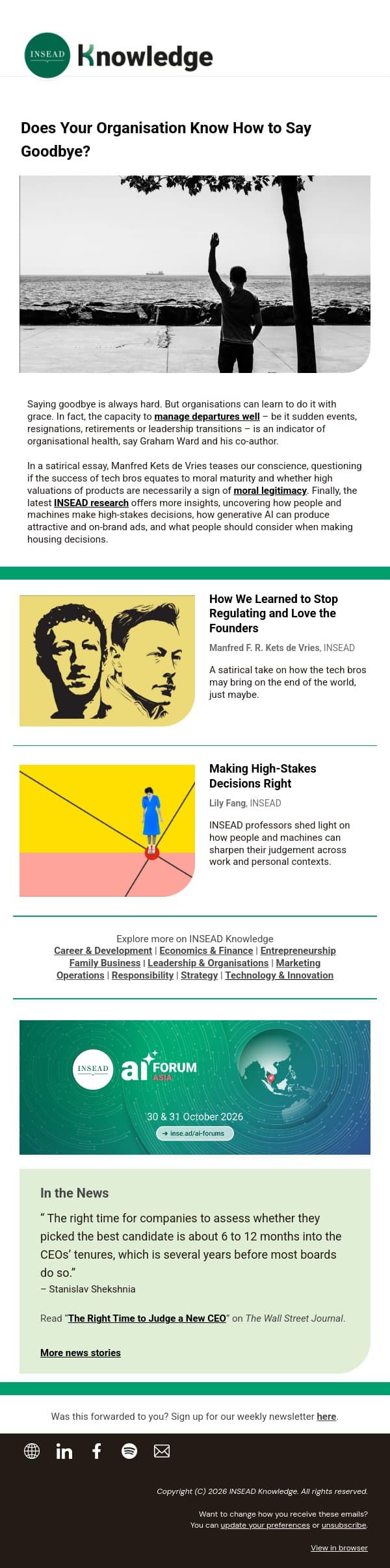 Does Your Organisation Know How to Say Goodbye? email from INSEAD Knowledge screenshot