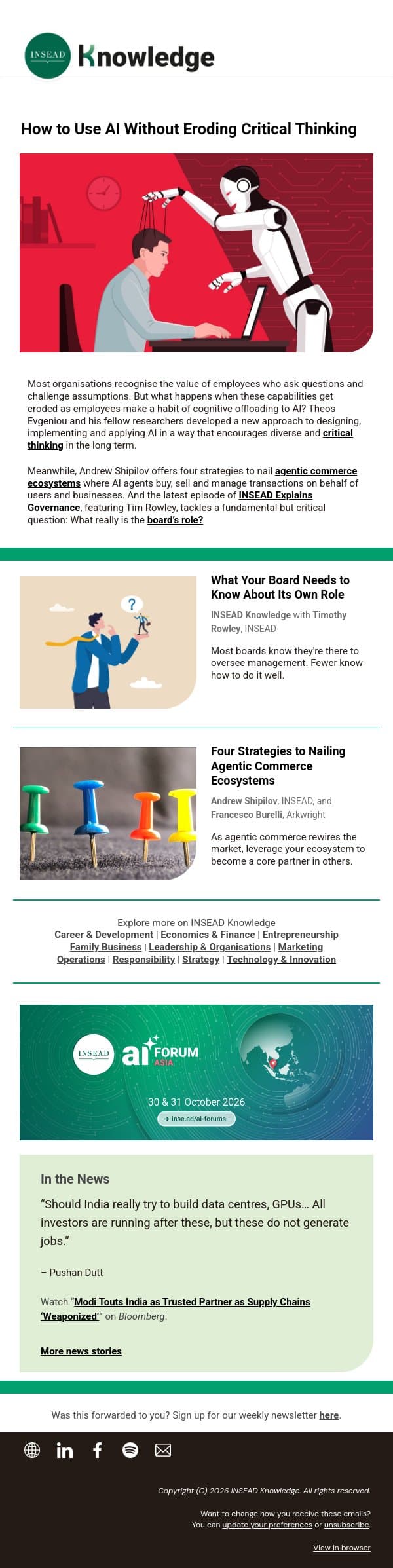 How to Use AI Without Eroding Critical Thinking email from INSEAD Knowledge screenshot