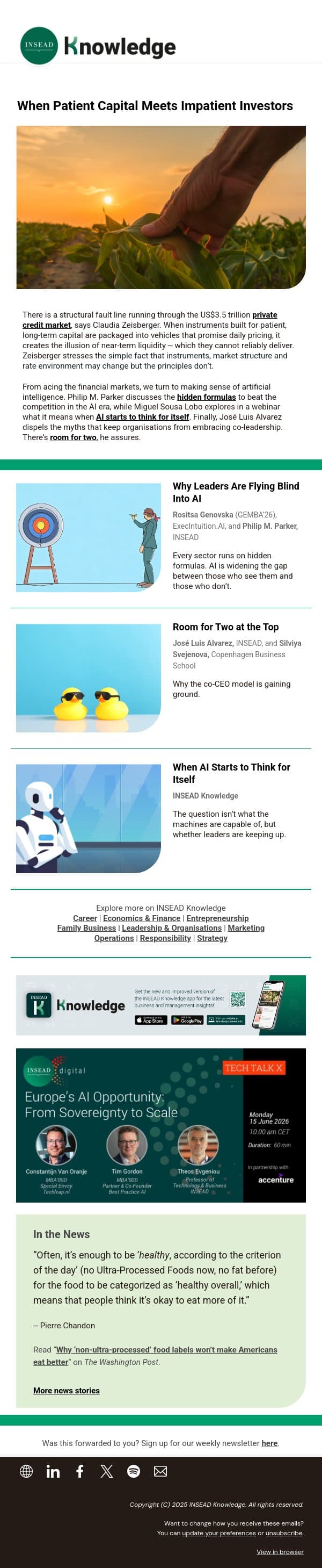When Patient Capital Meets Impatient Investors email from INSEAD Knowledge screenshot