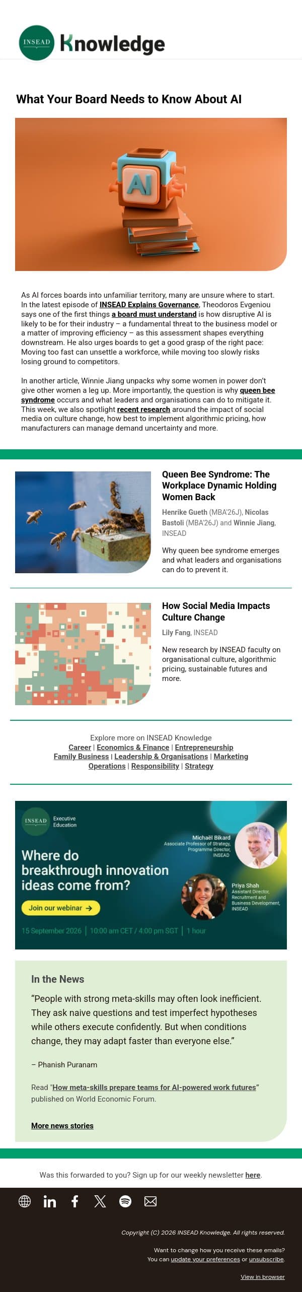 What Your Board Needs to Know About AI email from INSEAD Knowledge screenshot