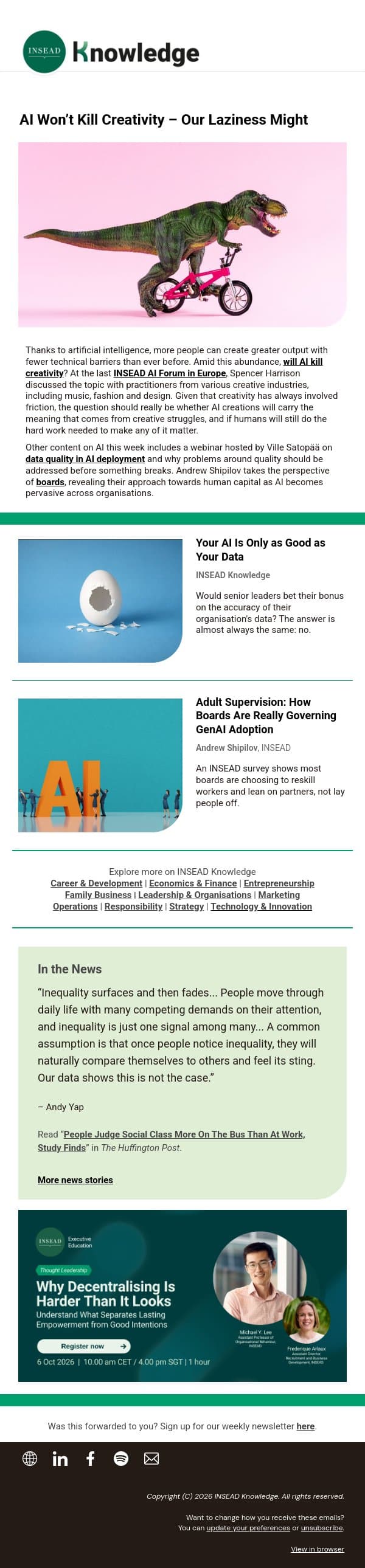 AI Won’t Kill Creativity – Our Laziness Might email from INSEAD Knowledge screenshot