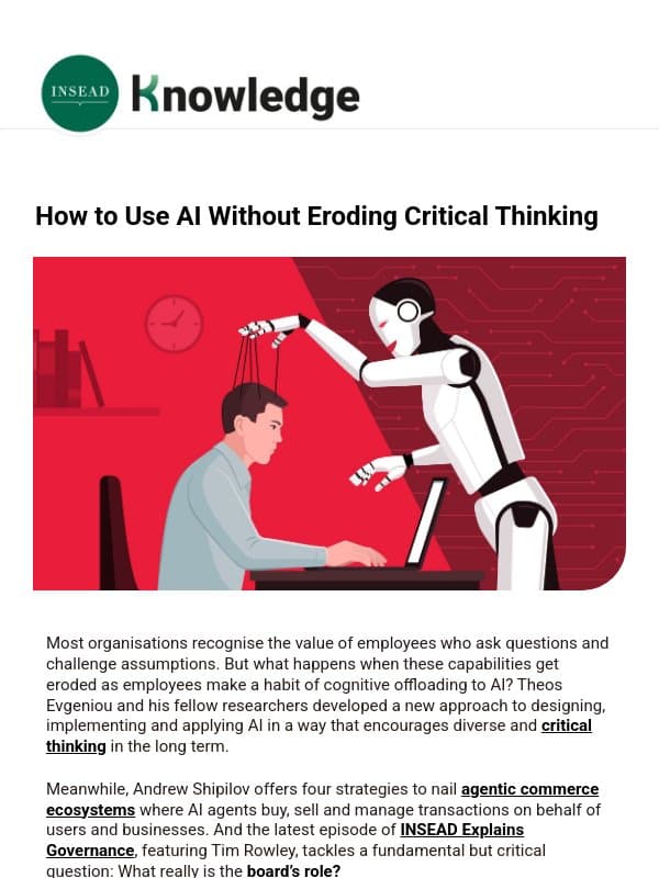 How to Use AI Without Eroding Critical Thinking email from INSEAD Knowledge
