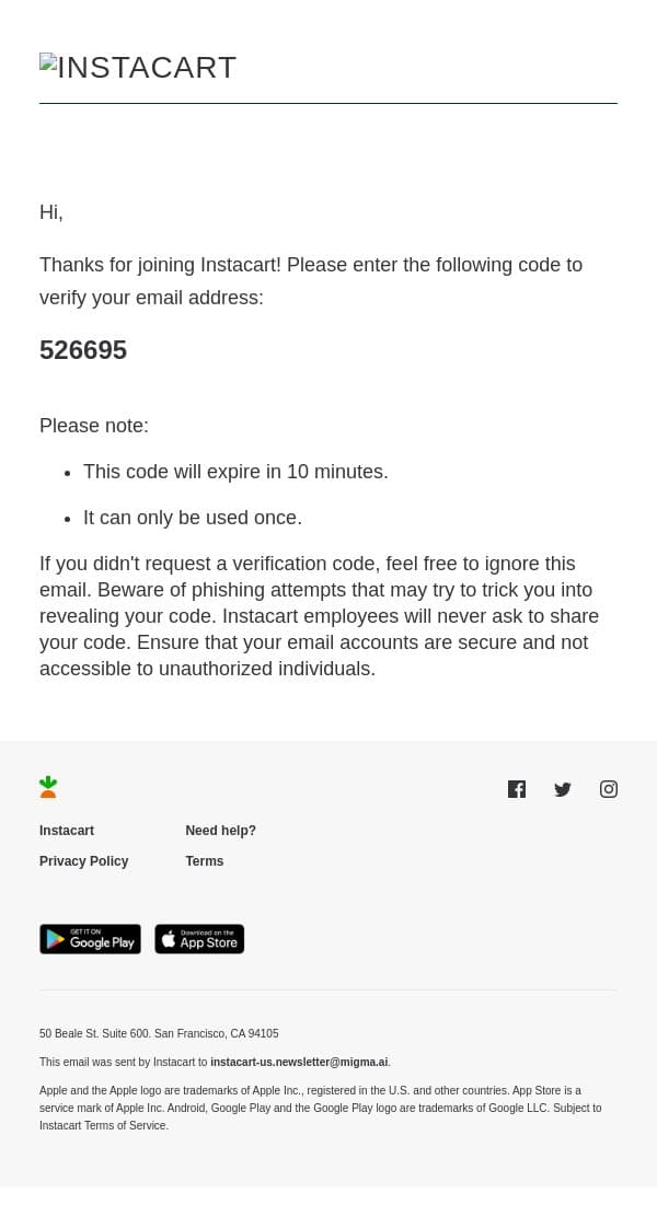 526695 is your Instacart verification code email from Instacart screenshot