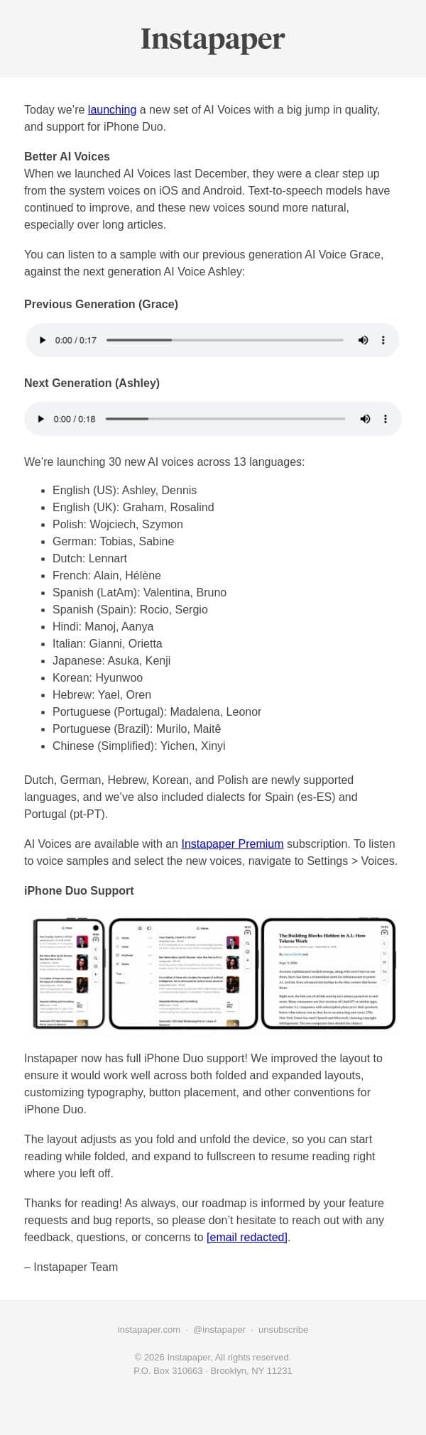 Better AI Voices & iPhone Duo Support email from Instapaper screenshot
