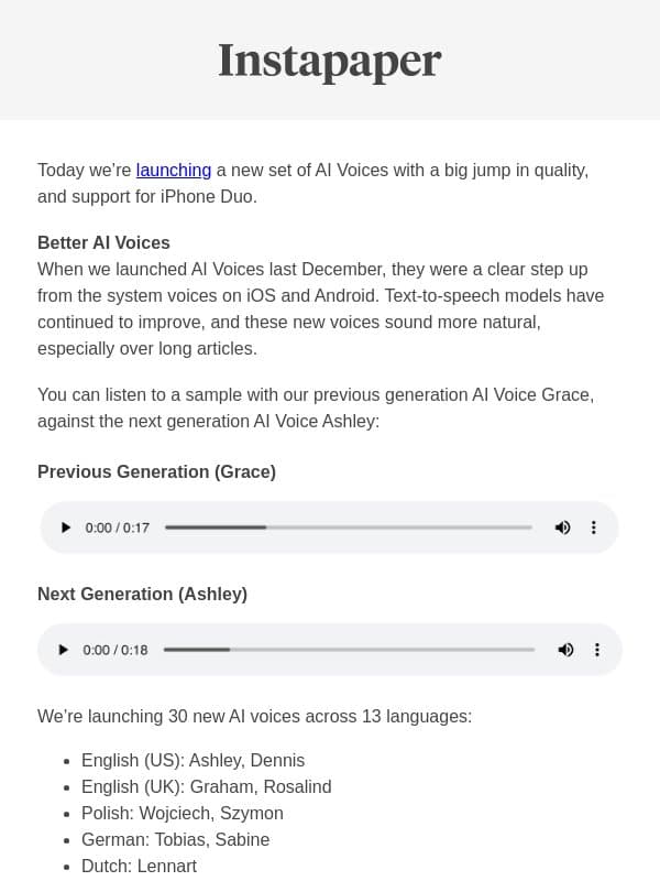 Better AI Voices & iPhone Duo Support email from Instapaper