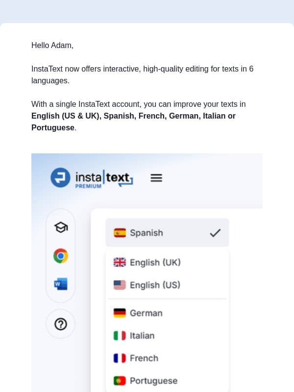 High-quality editing in 6 languages email from InstaText