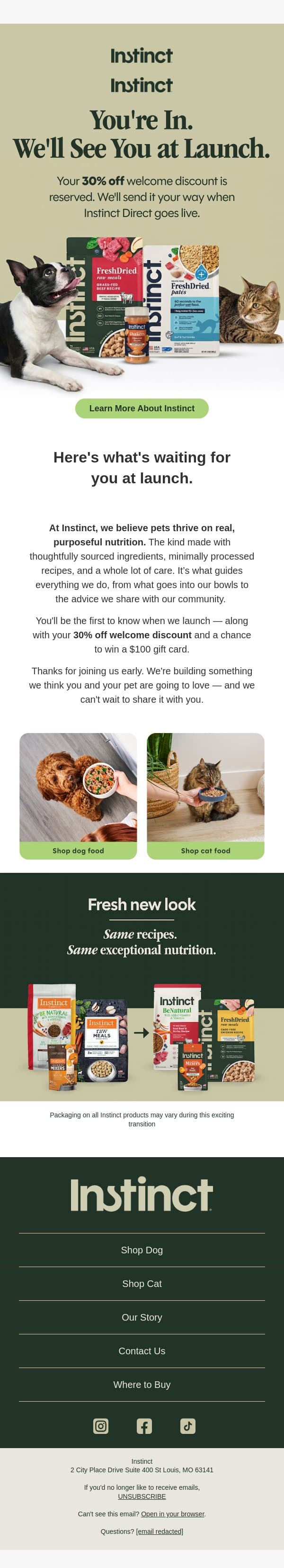 You're in. Welcome to the Instinct family. email from Instinct screenshot