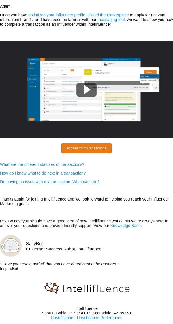 How to complete a transaction email from Intellifluence screenshot