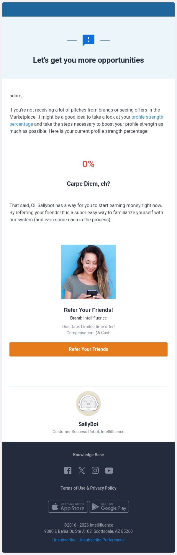 "Let's get you some more opportunities!" email from Intellifluence screenshot
