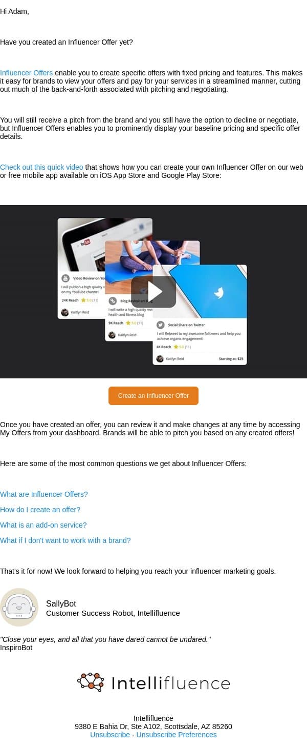 Create your own Influencer Offers email from Intellifluence screenshot