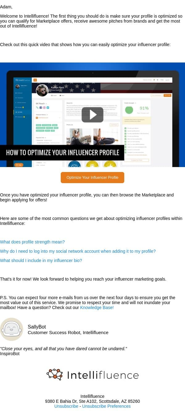 Let's get started! email from Intellifluence screenshot
