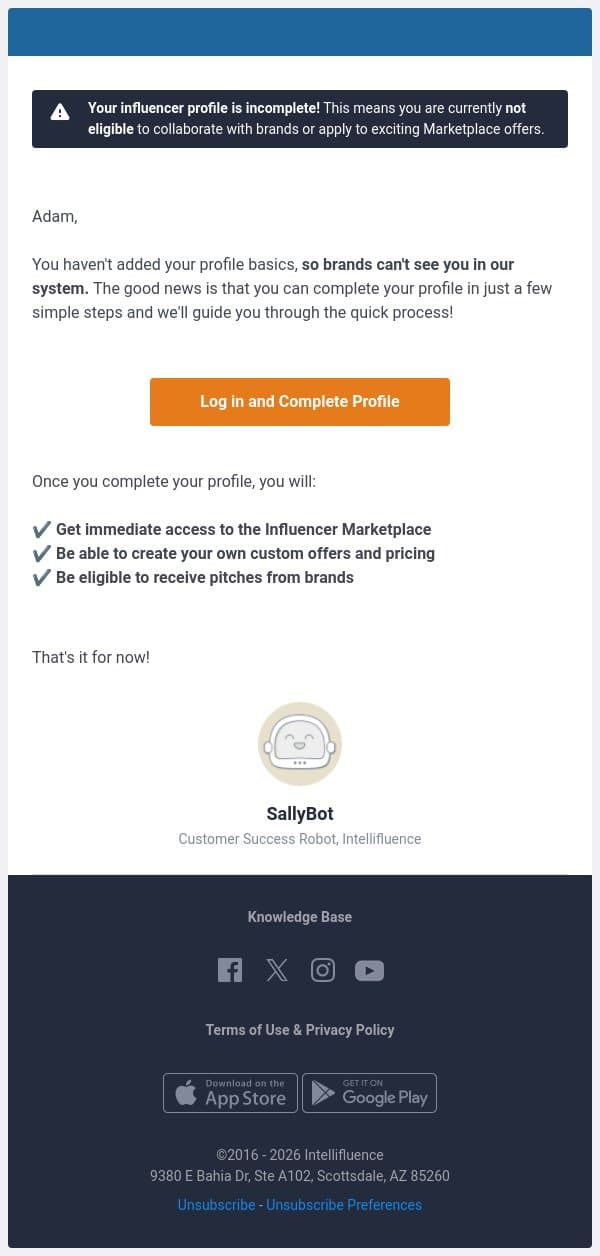 "Your profile is incomplete!" email from Intellifluence screenshot