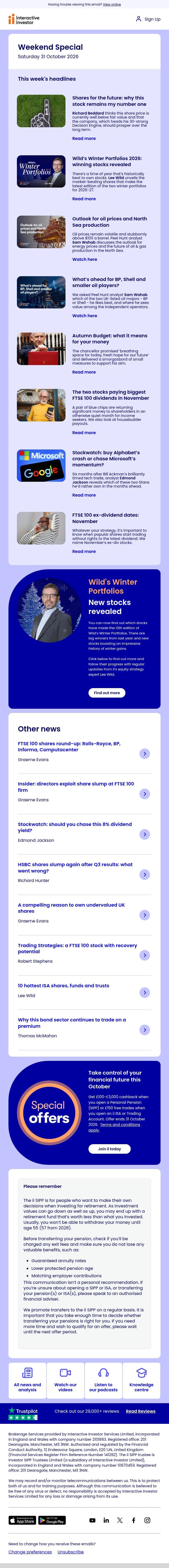 Rolls-Royce | New Winter Portfolios | Oil outlook | Big dividends email from interactive investor screenshot