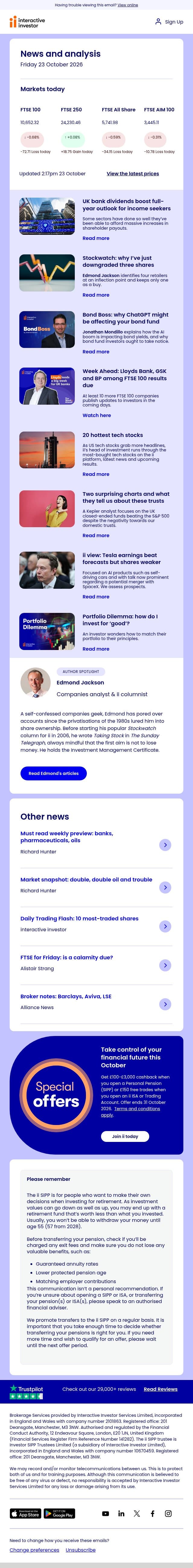 Bumper dividends | Trio downgraded | Two surprising charts email from interactive investor screenshot