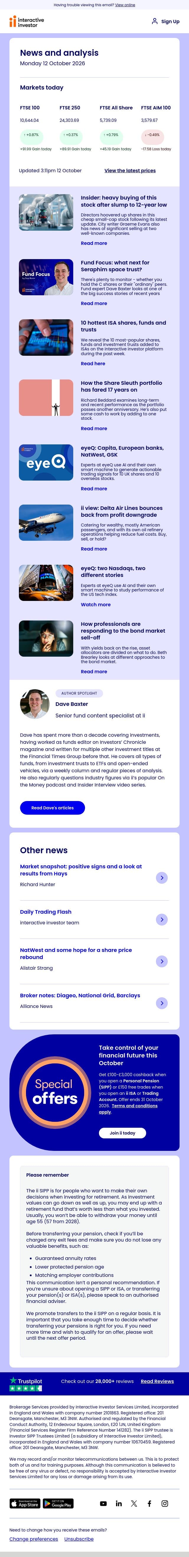 Insider | 10 hot stocks | Bond pros | Nasdaq stories | Space trusts email from interactive investor screenshot