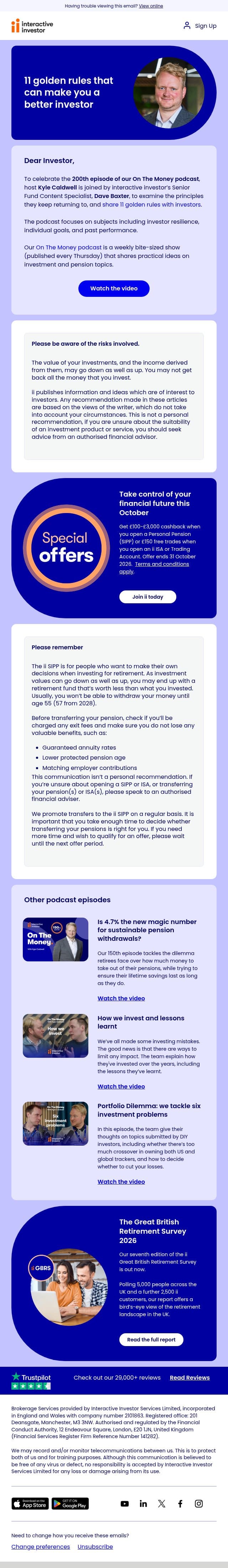 On the Money 200th episode special email from interactive investor screenshot