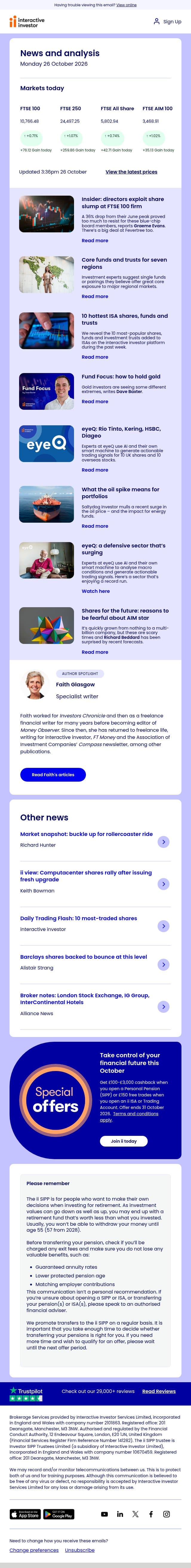 Director buys | Fund tips by region | Small-cap star fears email from interactive investor screenshot