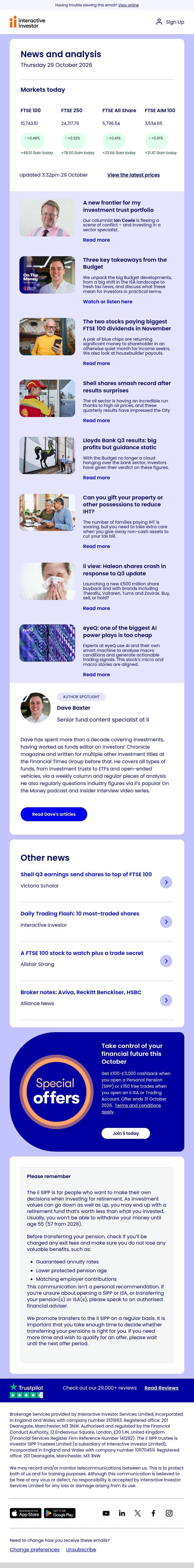 Ian Cowie | 3 Budget takeaways | Shell | Dividends incoming email from interactive investor screenshot