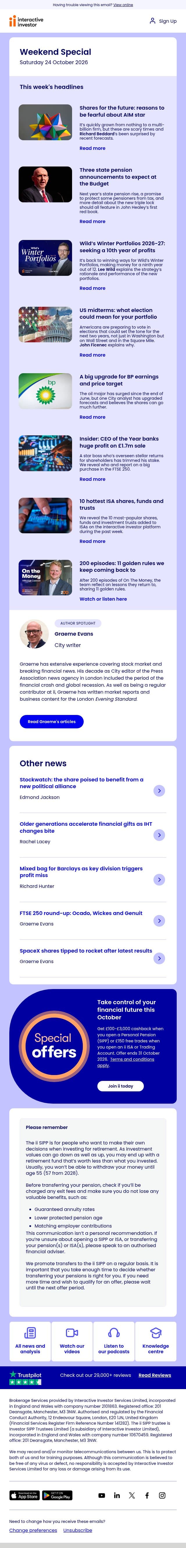 AIM star fears | State pension | SpaceX | Oil major’s upgrade email from interactive investor screenshot