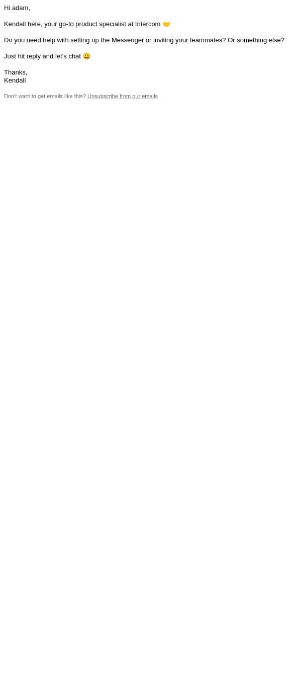 adam, need help with Intercom? Let’s chat email from Intercom screenshot