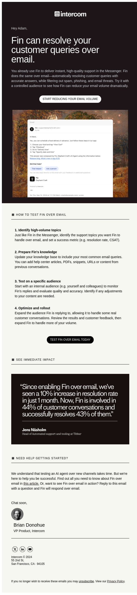 Unlock AI-powered email support in 4 simple steps email from Intercom screenshot