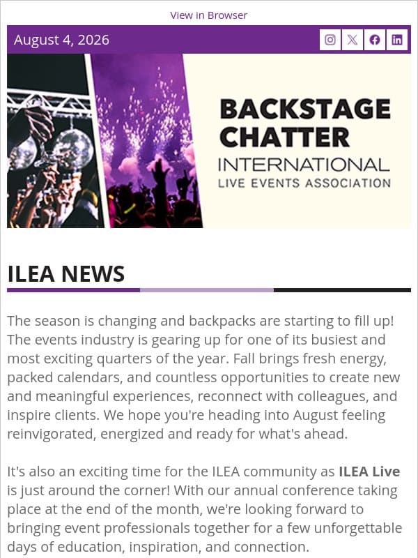 Back to Business: New Season, New Connections, New Opportunities email from International Live Events Association (ILEA)