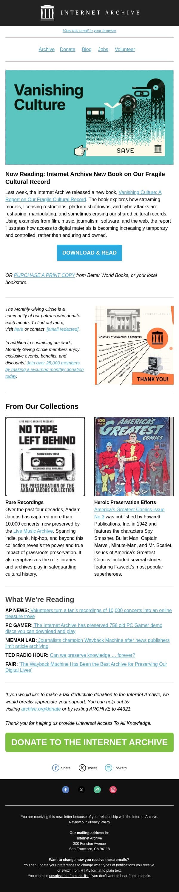 Celebrating the Launch of Our New Book email from Internet Archive screenshot