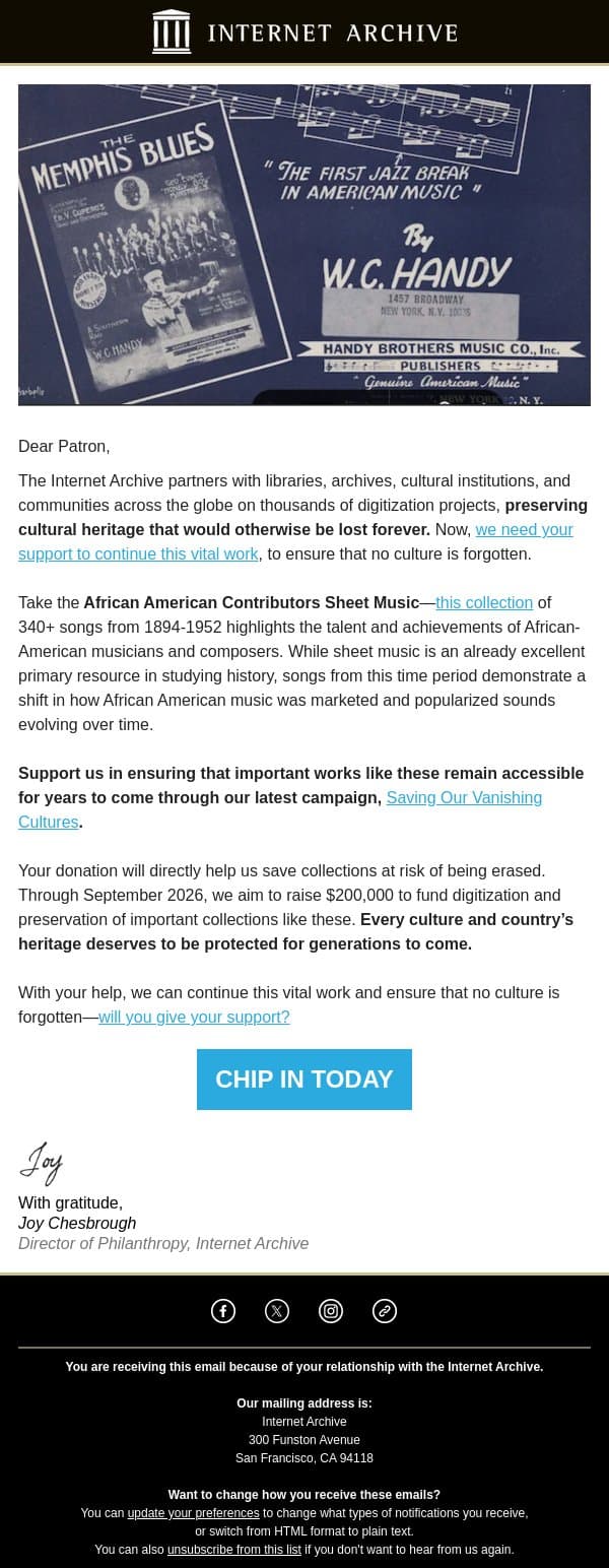 Your Support Keeps History Alive email from Internet Archive screenshot
