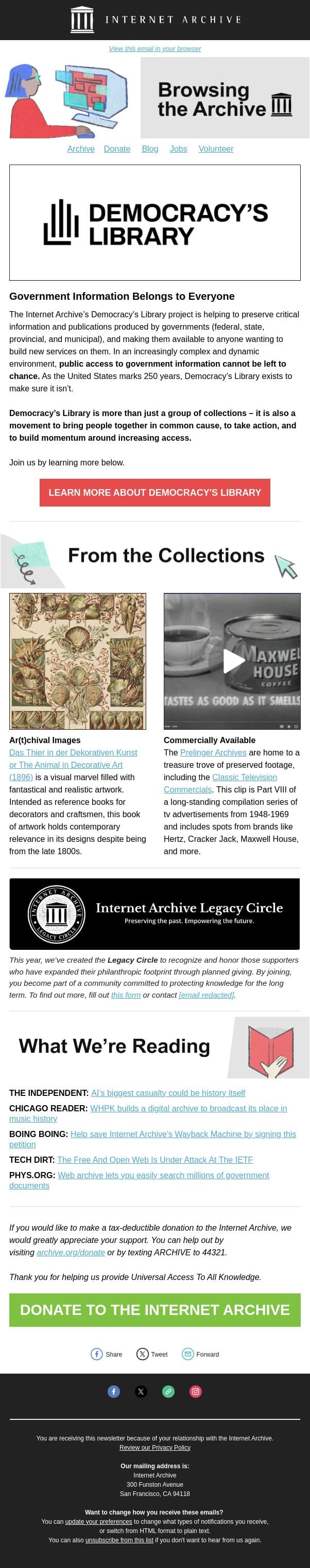 Democracy’s Library 2026 Roadmap email from Internet Archive screenshot