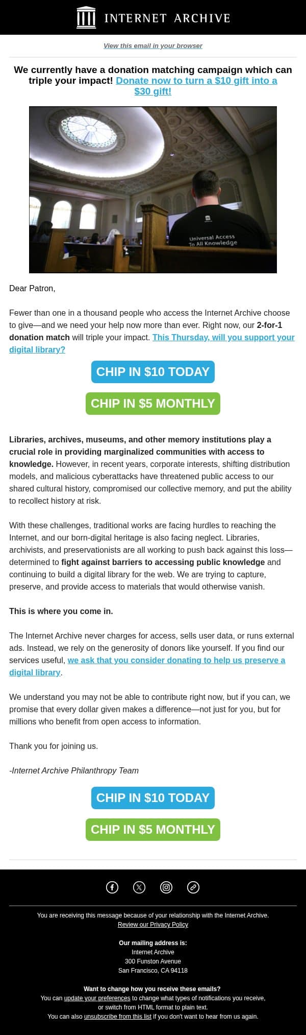 Memory Institutions Are Under Attack email from Internet Archive screenshot