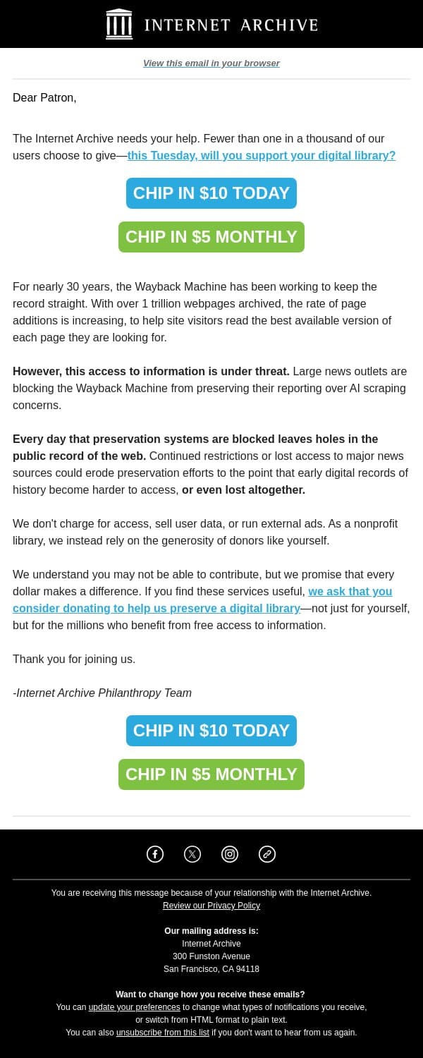 Partners in Preservation email from Internet Archive screenshot