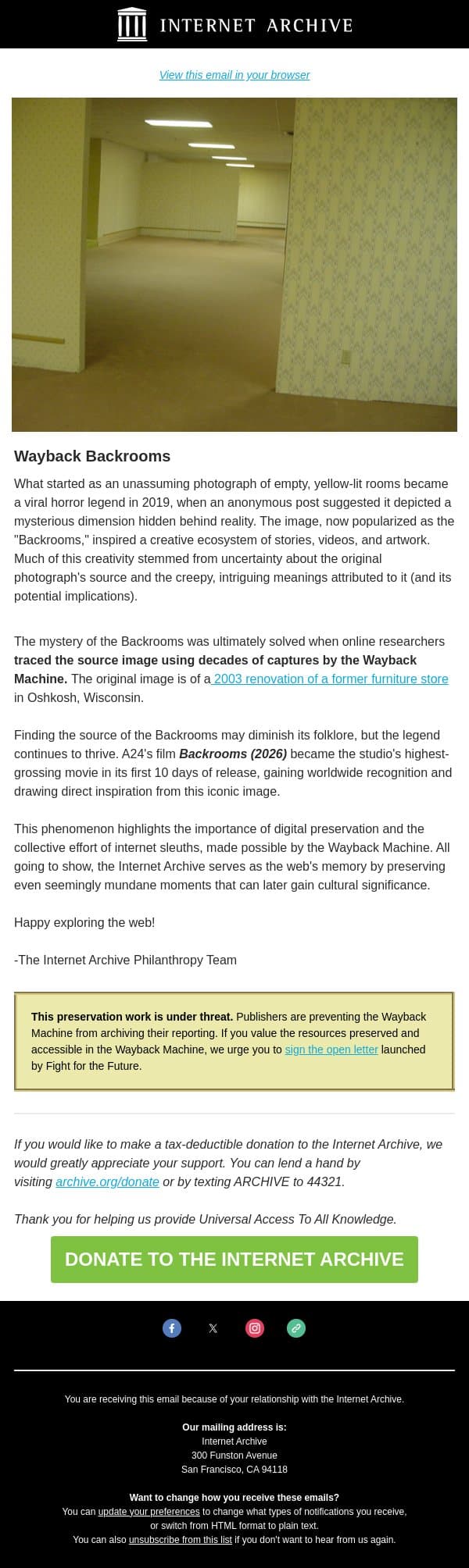 The Original Backrooms in the Wayback Machine email from Internet Archive screenshot