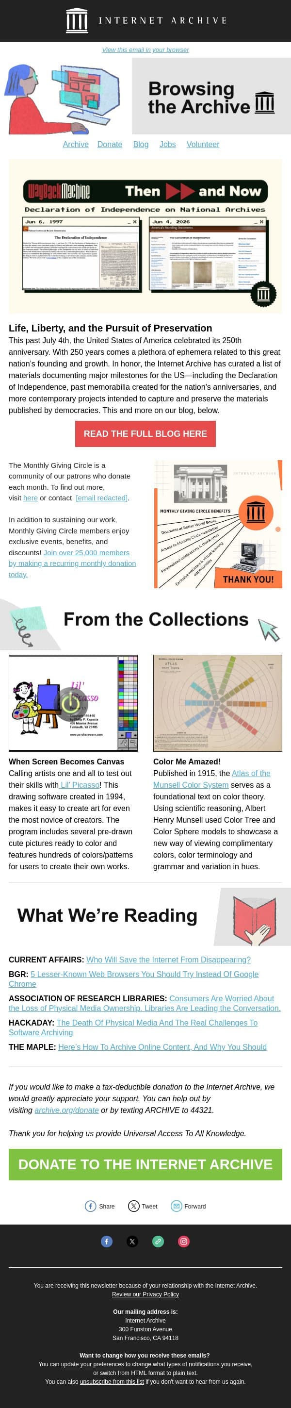 250 Years of a Nation, Archived Online email from Internet Archive screenshot