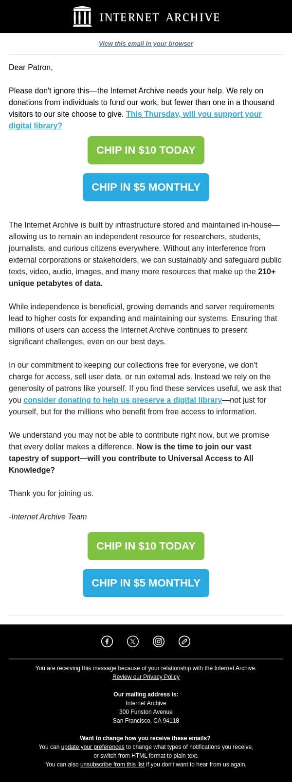 Be One in A Thousand email from Internet Archive screenshot