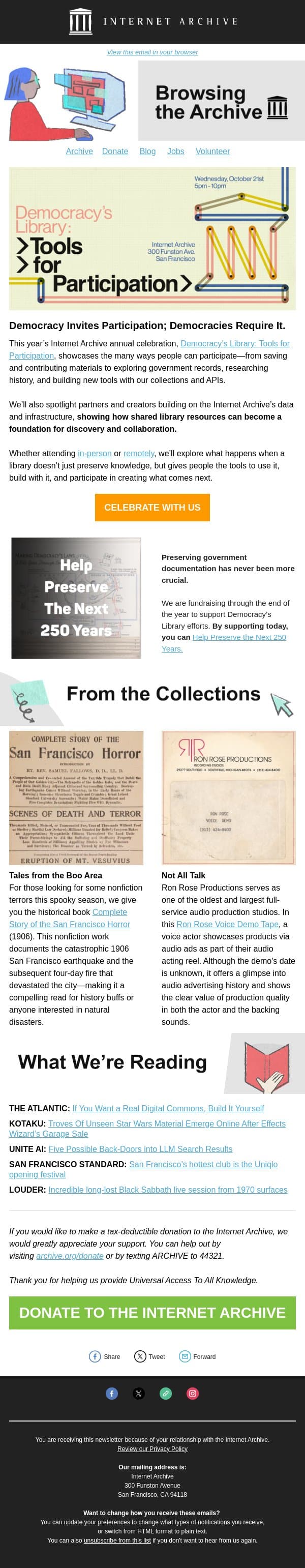 Join Us to Celebrate Democracy’s Library: Tools for Participation email from Internet Archive screenshot