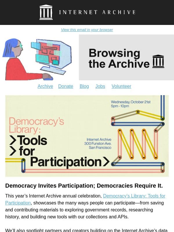 Join Us to Celebrate Democracy’s Library: Tools for Participation email from Internet Archive