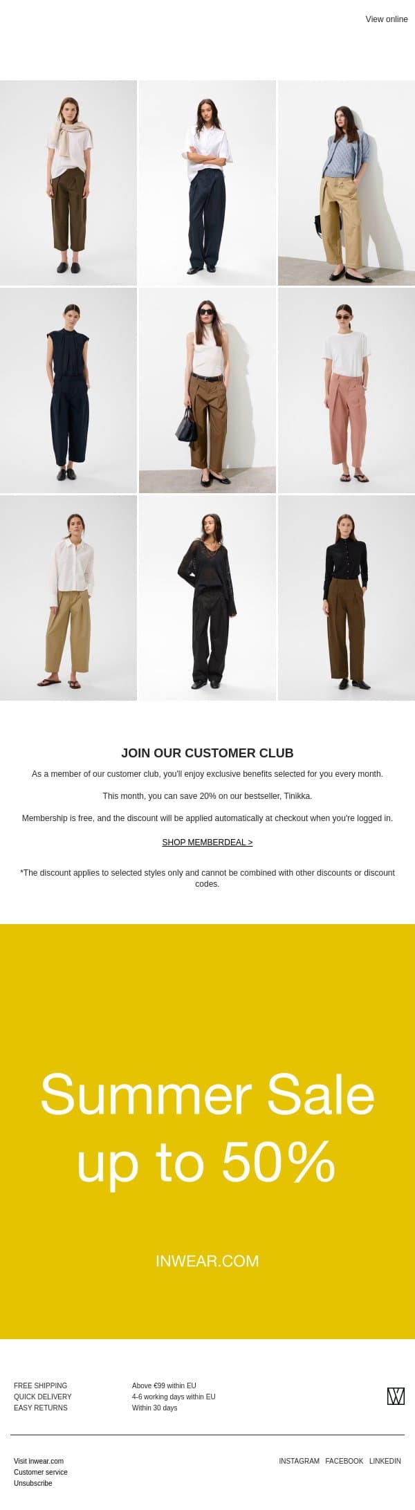 MEMBER DEAL: Save 20% on our bestselling trousers email from InWear screenshot