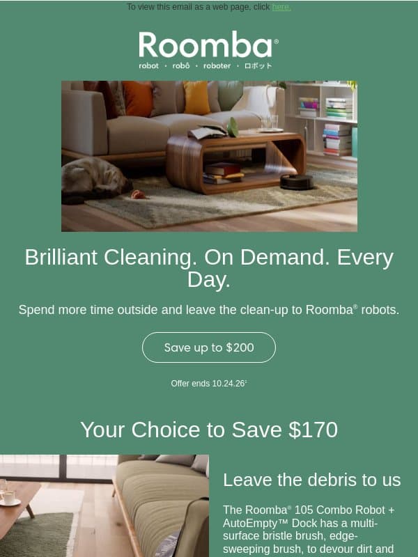 Cleaner living made simple, up to $200 off! email from iRobot