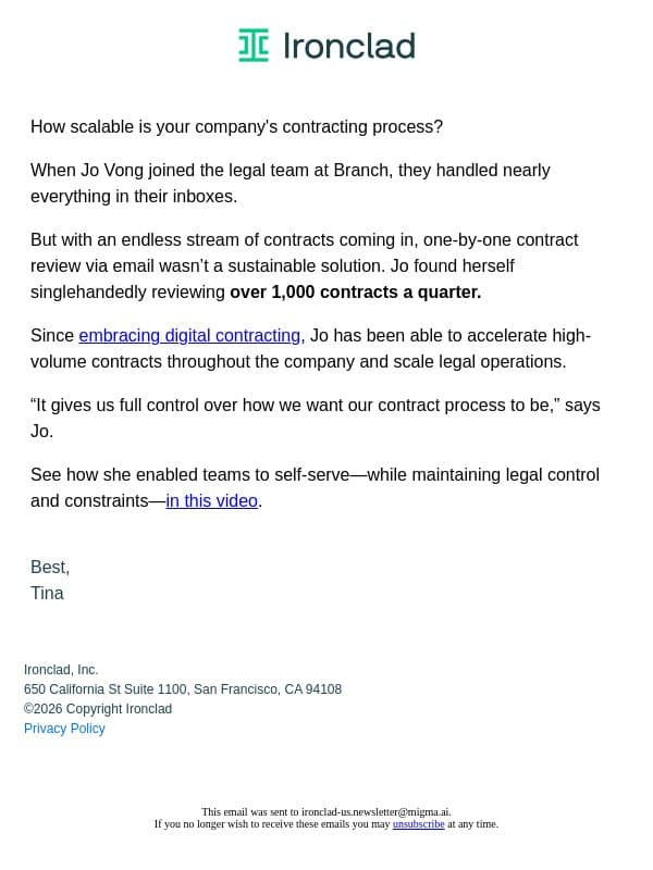 How did Branch streamline 1,000+ contracts? We asked their Legal Ops Manager. email from Ironclad screenshot