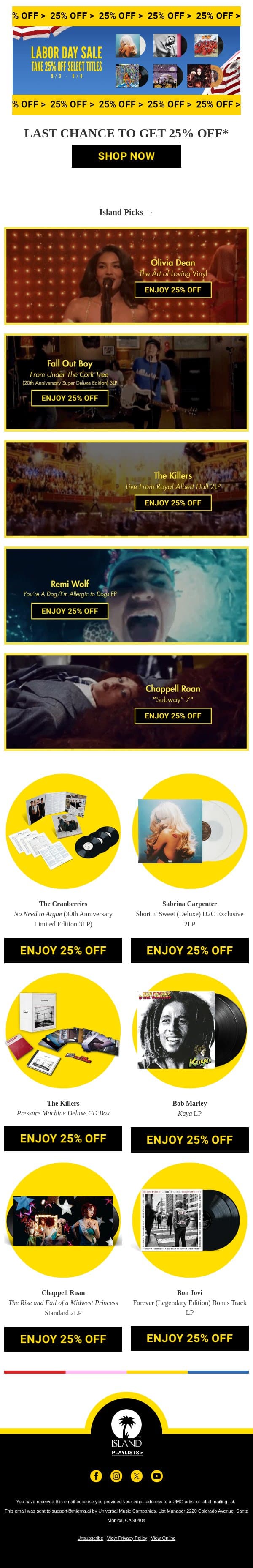 Last Chance for 25% Off 🤑 email from Island Records screenshot